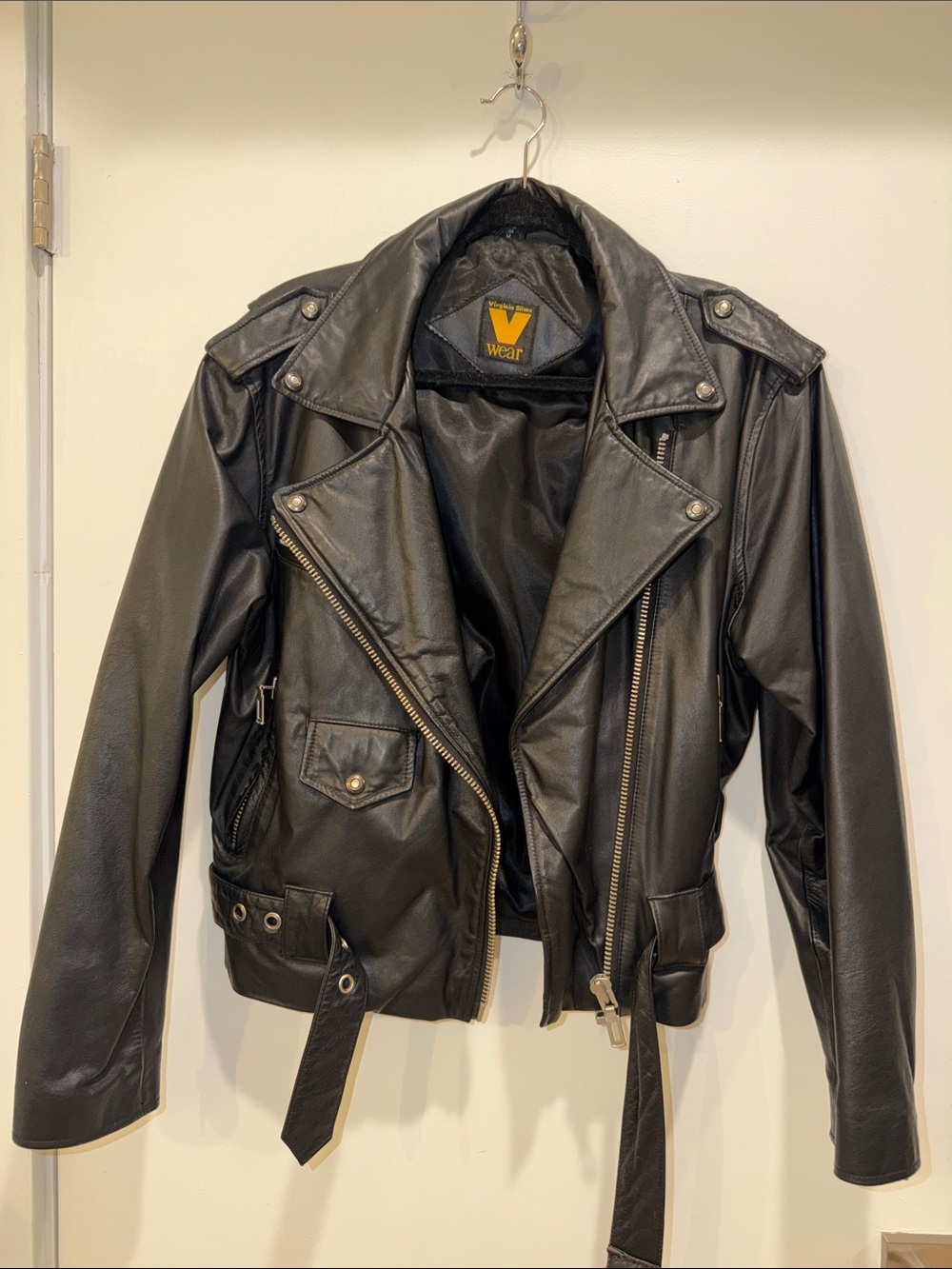 Vintage Virginia Slim Wear Black Leather Biker Jacket Sz Med